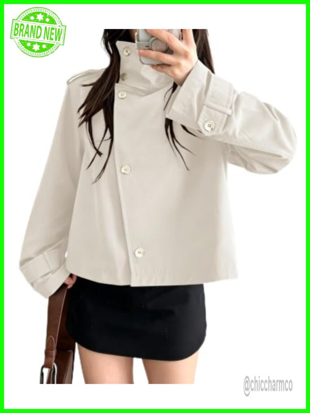 Women Cropped Trench Coat High Neck Windbreaker Jacket Outwear